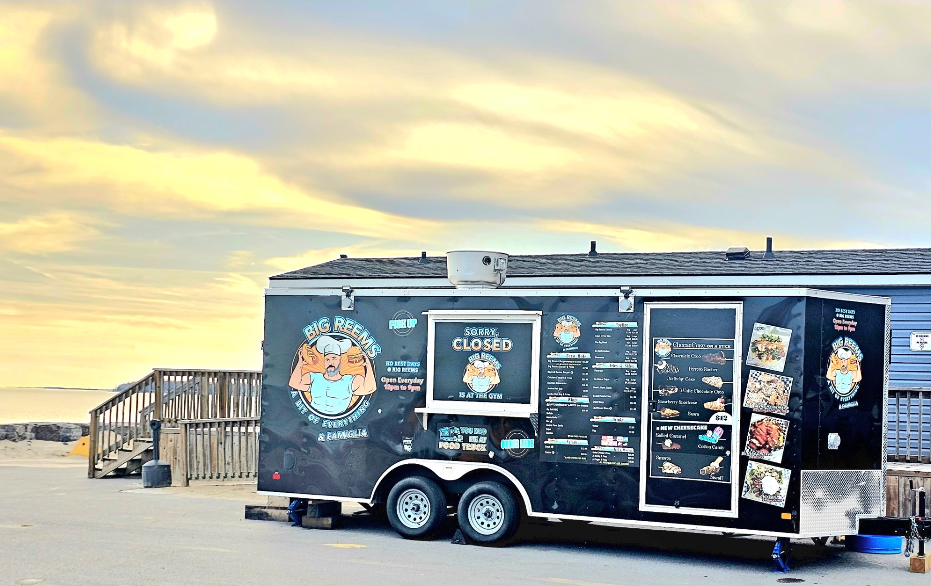 Big Reems food truck at Wyldewood Beach — sunset